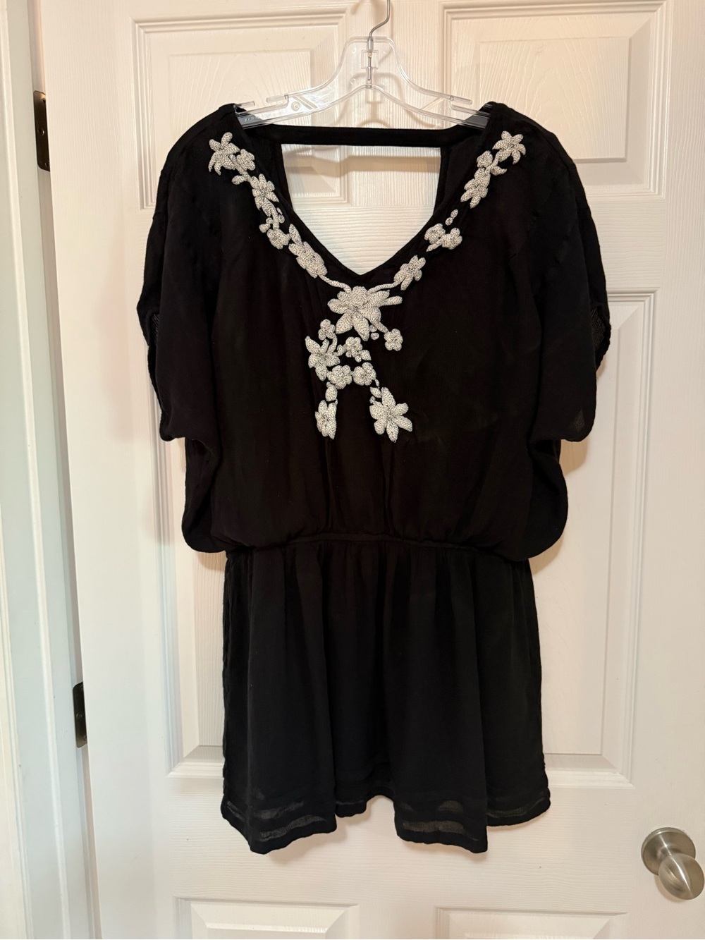 Free People Black Mini Dress with White Floral Embroidery